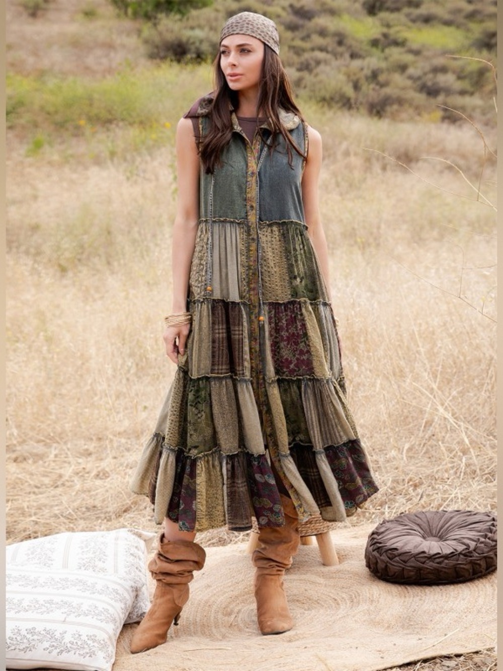 New! Young Threads Boho Tiered Maxi Coat Dress in Olive Multi Colored Patches